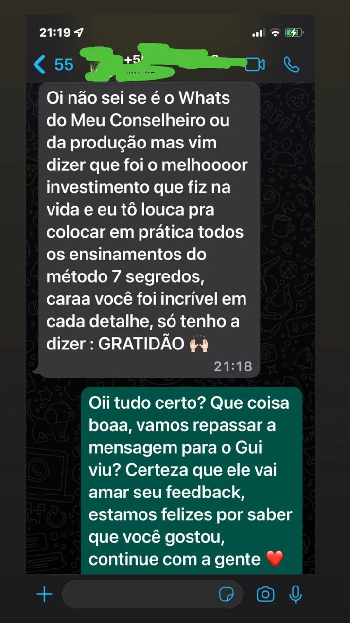Depoimento de aluna no WhatsApp